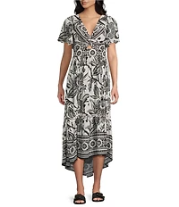 Angie Floral Printed Deep V-Neck Flutter Sleeve High Low Dress