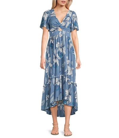 Angie Floral Printed Deep V-Neck Flutter Sleeve High Low Dress