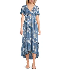 Angie Floral Printed Deep V-Neck Flutter Sleeve High Low Dress