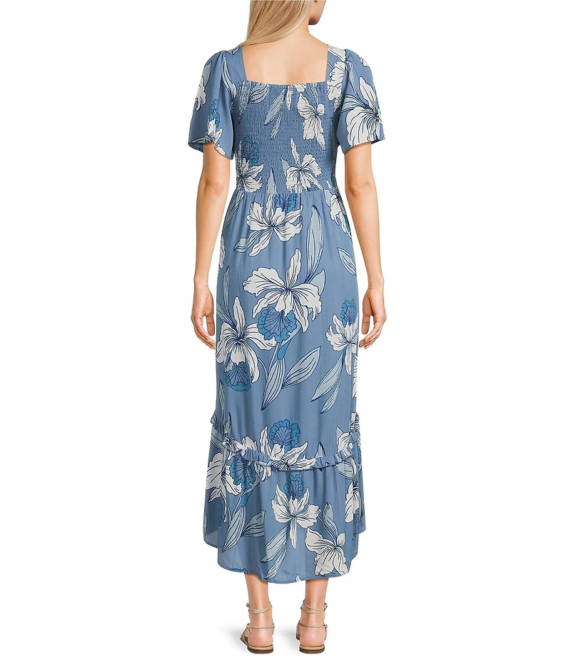 Angie Floral Printed Deep V-Neck Flutter Sleeve High Low Dress