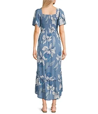 Angie Floral Printed Deep V-Neck Flutter Sleeve High Low Dress