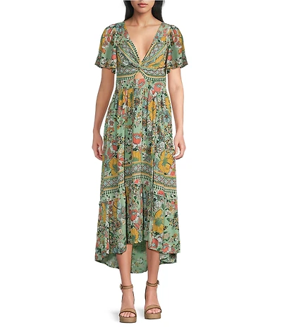 Angie Floral Printed Deep V-Neck Flutter Sleeve High Low Dress