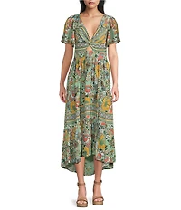 Angie Floral Printed Deep V-Neck Flutter Sleeve High Low Dress