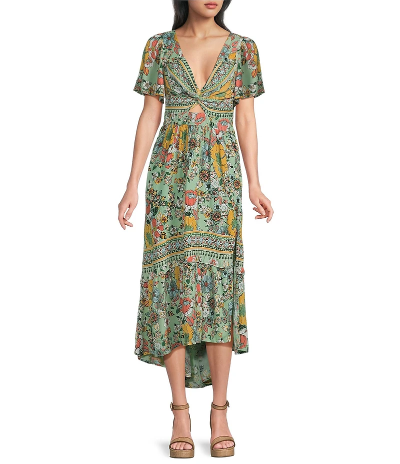 Angie Floral Printed Deep V-Neck Flutter Sleeve High Low Dress