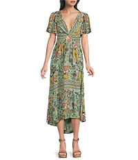 Angie Floral Printed Deep V-Neck Flutter Sleeve High Low Dress