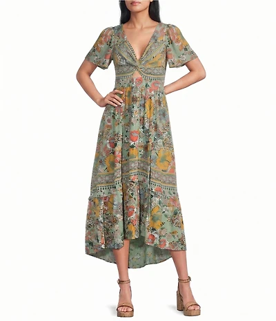 Angie Floral Printed Deep V-Neck Flutter Sleeve High Low Dress