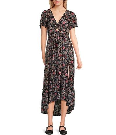 Angie Floral Printed Deep V-Neck Twist Front Tiered Side Slit Midi Dress