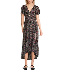 Angie Floral Printed Deep V-Neck Twist Front Tiered Side Slit Midi Dress