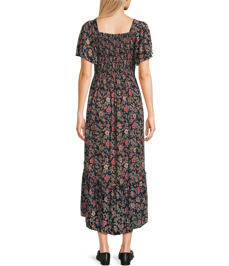 Angie Floral Printed Deep V-Neck Twist Front Tiered Side Slit Midi Dress