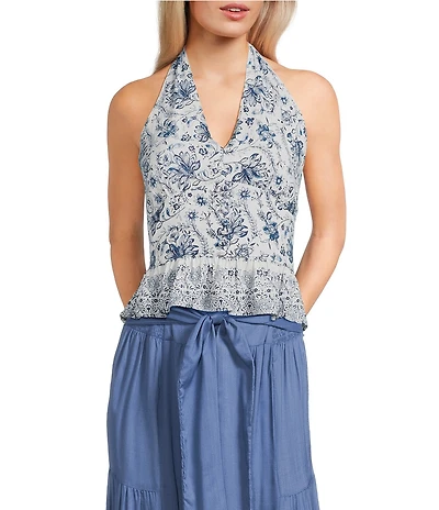 Angie Floral Printed Halter V-Neck Button Front Top