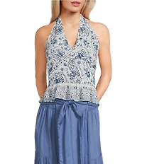 Angie Floral Printed Halter V-Neck Button Front Top