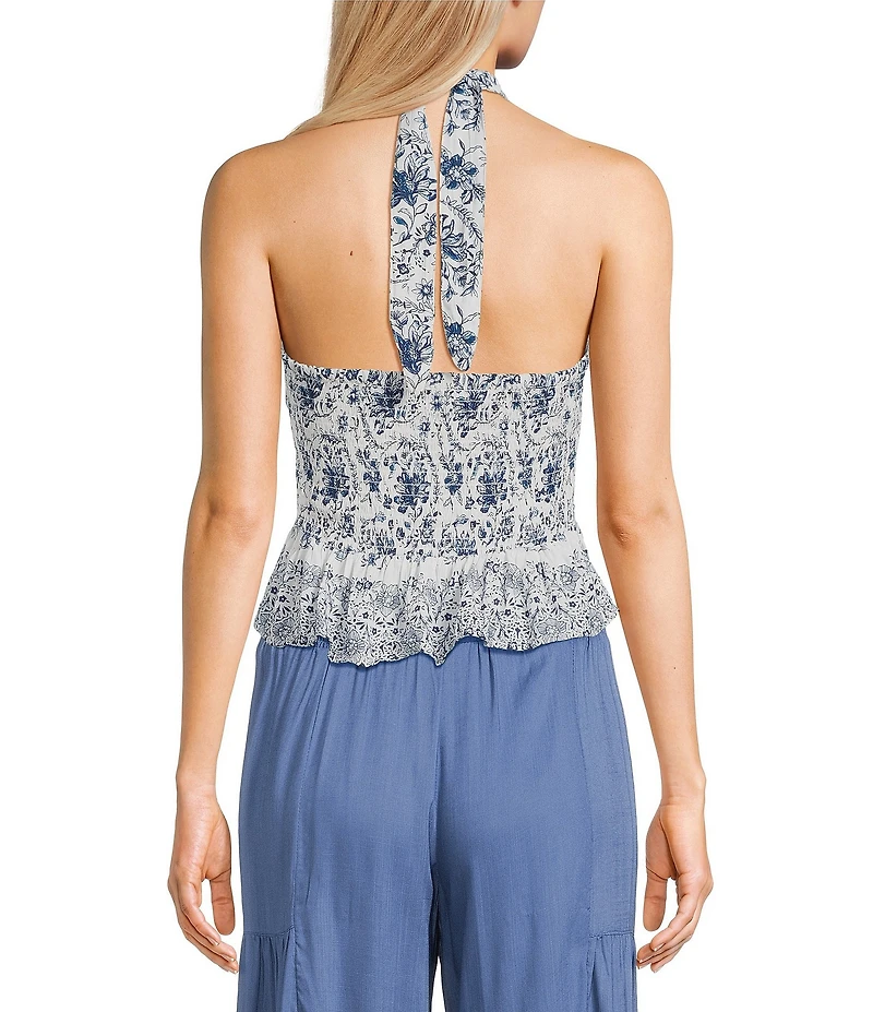 Angie Floral Printed Halter V-Neck Button Front Top