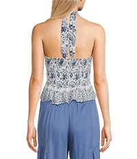 Angie Floral Printed Halter V-Neck Button Front Top