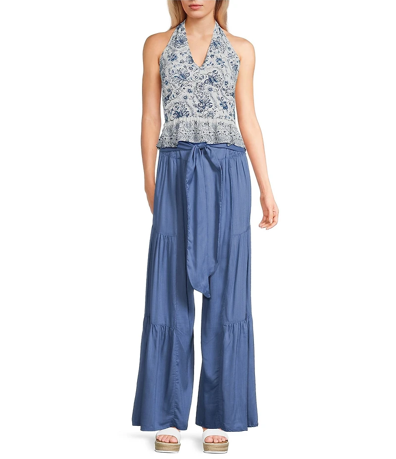 Angie Floral Printed Halter V-Neck Button Front Top