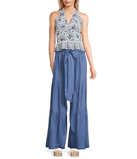 Angie Floral Printed Halter V-Neck Button Front Top