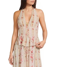 Angie Floral Printed Halter V-Neck Button Front Top