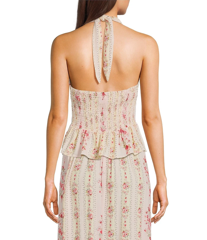 Angie Floral Printed Halter V-Neck Button Front Top