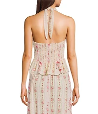 Angie Floral Printed Halter V-Neck Button Front Top