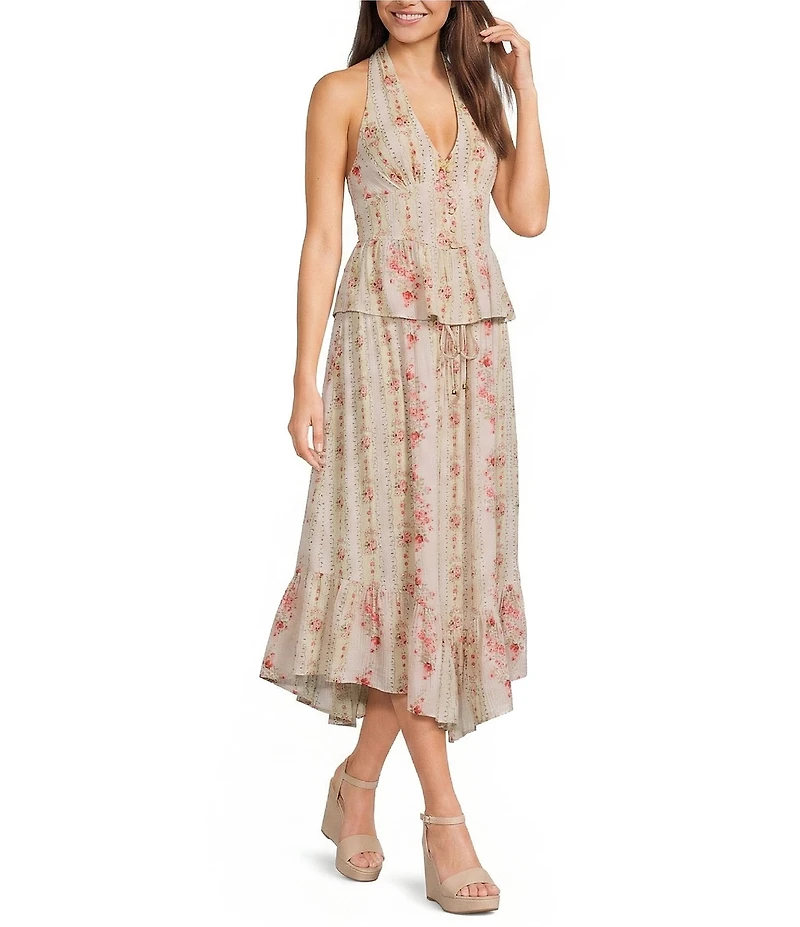 Angie Floral Printed Halter V-Neck Button Front Top