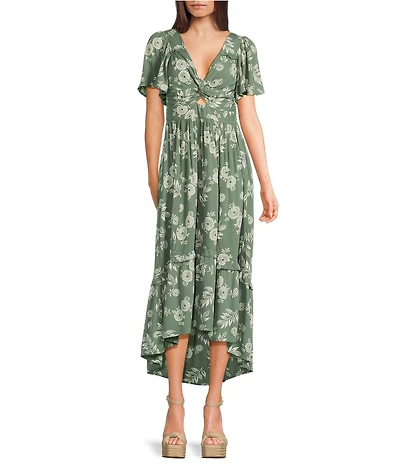 Angie Floral Printed Puff Sleeve Scoop Neck Corset Midi Dress