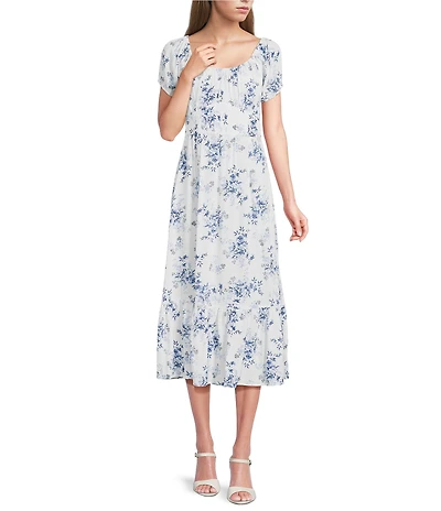 Angie Floral Printed Puff Sleeve Scoop Neck Corset Midi Dress