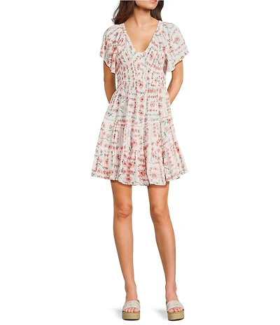 Angie Floral Printed Short Flutter Sleeve V-Neck Smocked Tiered Mini Dress