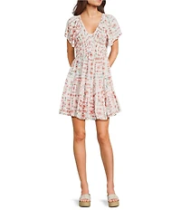 Angie Floral Printed Short Flutter Sleeve V-Neck Smocked Tiered Mini Dress