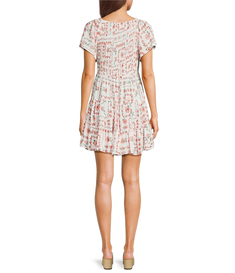 Angie Floral Printed Short Flutter Sleeve V-Neck Smocked Tiered Mini Dress