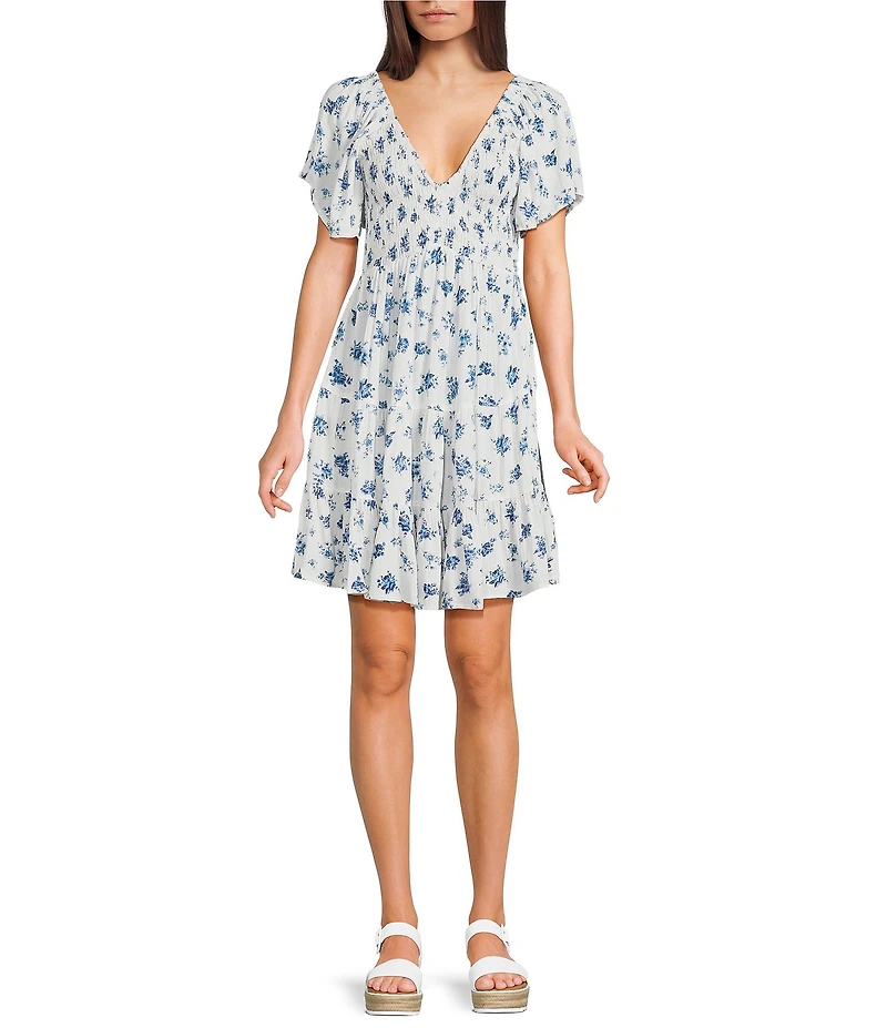 Angie Floral Printed Short Flutter Sleeve V-Neck Smocked Tiered Dress