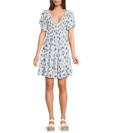 Angie Floral Printed Short Flutter Sleeve V-Neck Smocked Tiered Dress