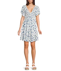 Angie Floral Printed Short Flutter Sleeve V-Neck Smocked Tiered Dress