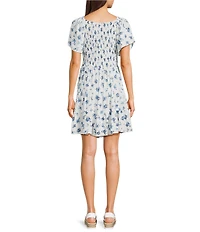 Angie Floral Printed Short Flutter Sleeve V-Neck Smocked Tiered Dress