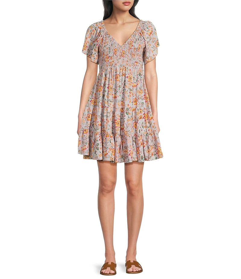 Angie Floral Printed Short Flutter Sleeve V-Neck Smocked Tiered Dress