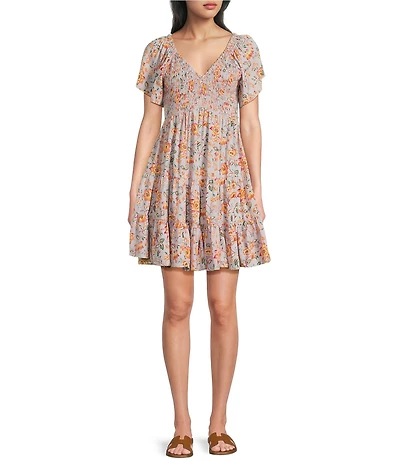 Angie Floral Printed Short Flutter Sleeve V-Neck Smocked Tiered Dress