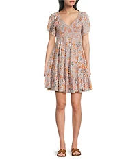 Angie Floral Printed Short Flutter Sleeve V-Neck Smocked Tiered Dress