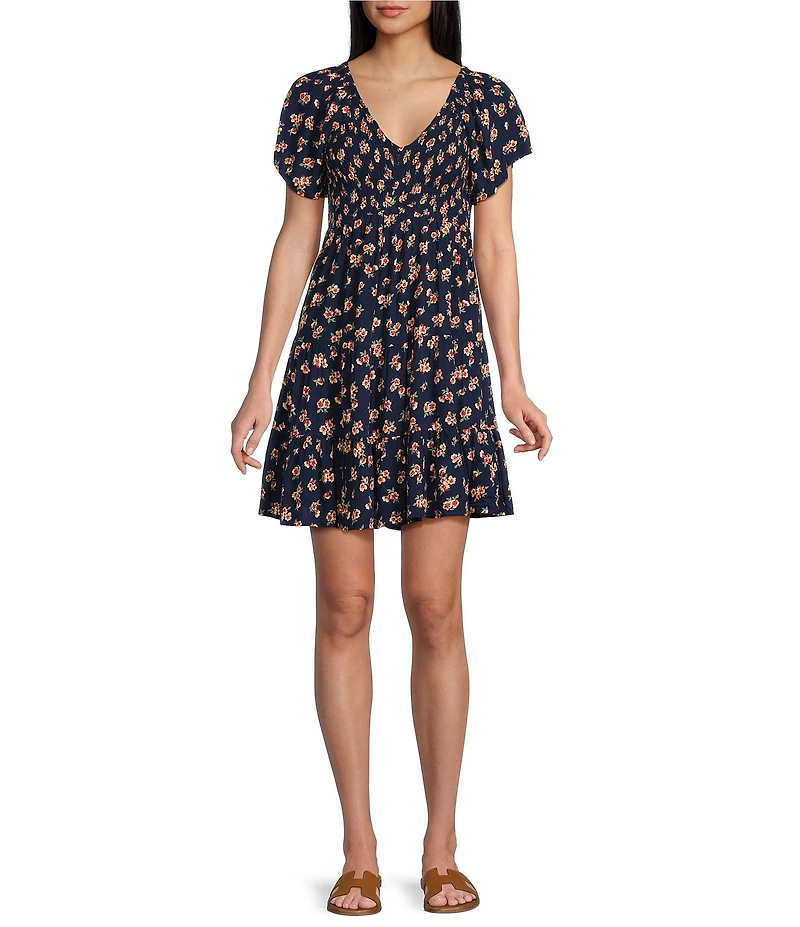 Angie Floral Printed Short Flutter Sleeve V-Neck Smocked Tiered Dress