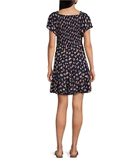 Angie Floral Printed Short Flutter Sleeve V-Neck Smocked Tiered Dress