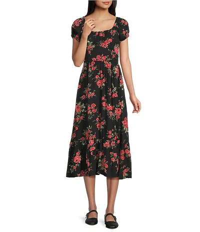 Angie Floral Printed Short Puff Sleeve Scoop Neck Corset Midi Dress