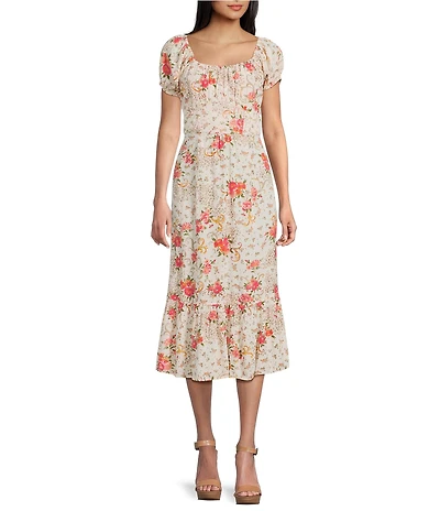 Angie Floral Printed Short Puff Sleeve Scoop Neck Corset Midi Dress