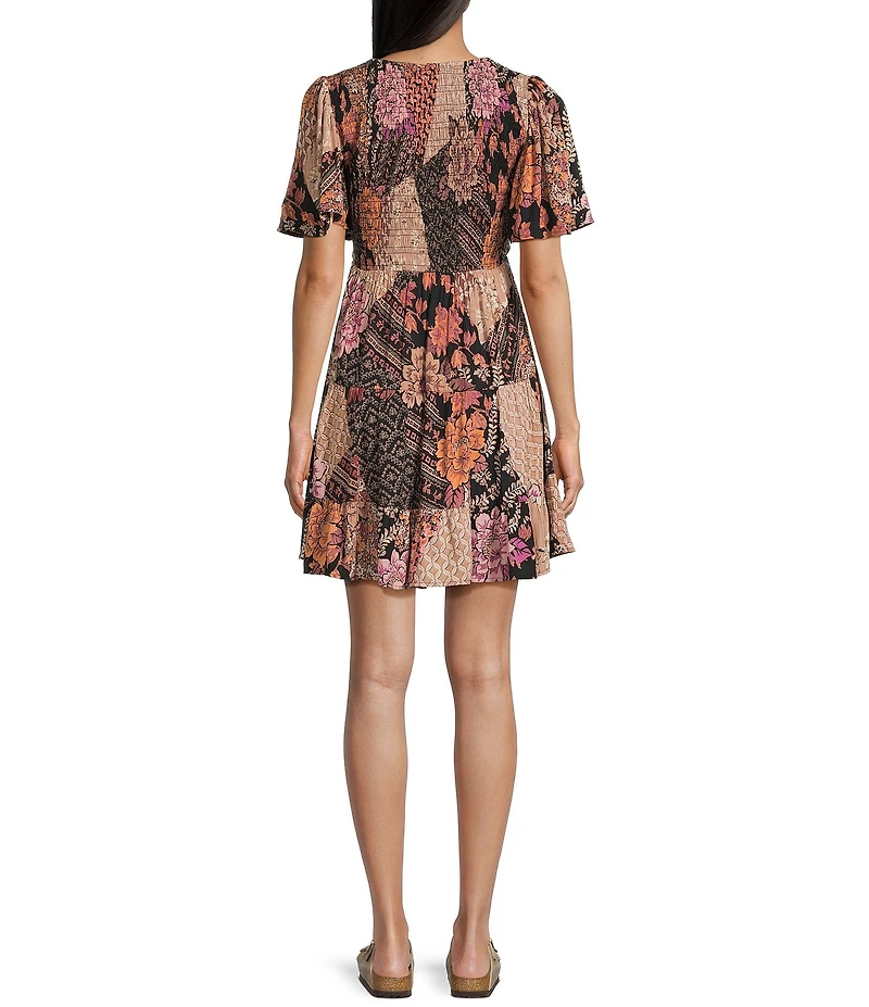 Angie Mixed-Media V-Neck Short Sleeve Tiered Dress