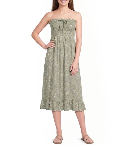 Angie Paisley Printed Strapless Neck Smocked Midi Dress