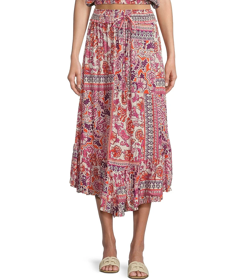 Angie Patch Print Elastic Waist Ruffle Hem Maxi Skirt