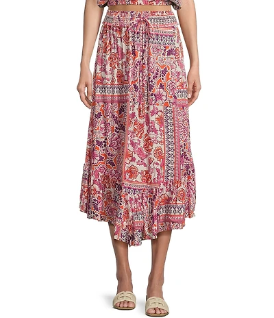 Angie Patch Print Elastic Waist Ruffle Hem Maxi Skirt