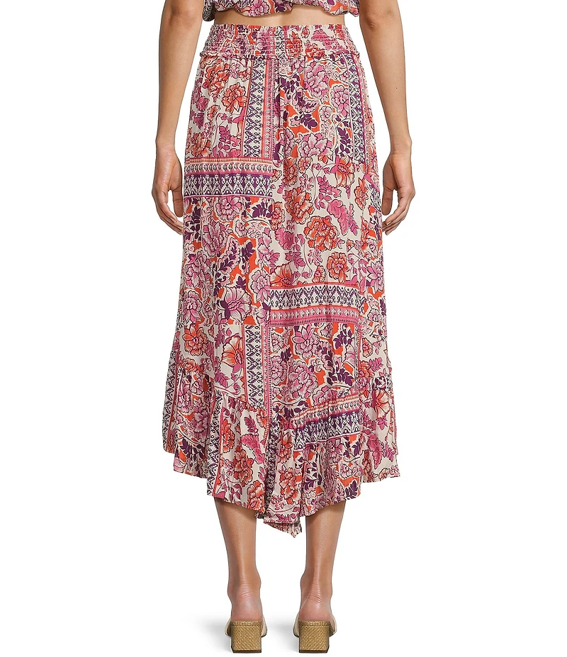 Angie Patch Print Elastic Waist Ruffle Hem Maxi Skirt