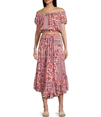Angie Patch Print Elastic Waist Ruffle Hem Maxi Skirt