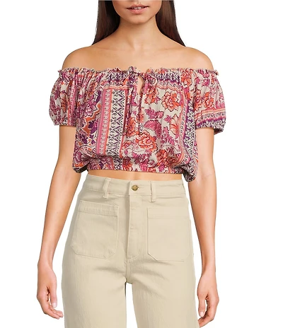 Angie Patch Print Off-The-Shoulder Cap Sleeve Crop Top