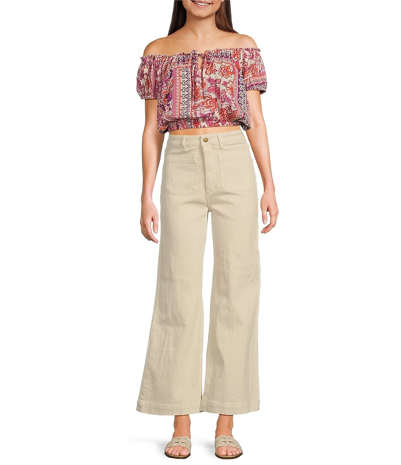 Angie Patch Print Off-The-Shoulder Cap Sleeve Crop Top