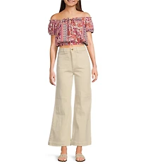 Angie Patch Print Off-The-Shoulder Cap Sleeve Crop Top
