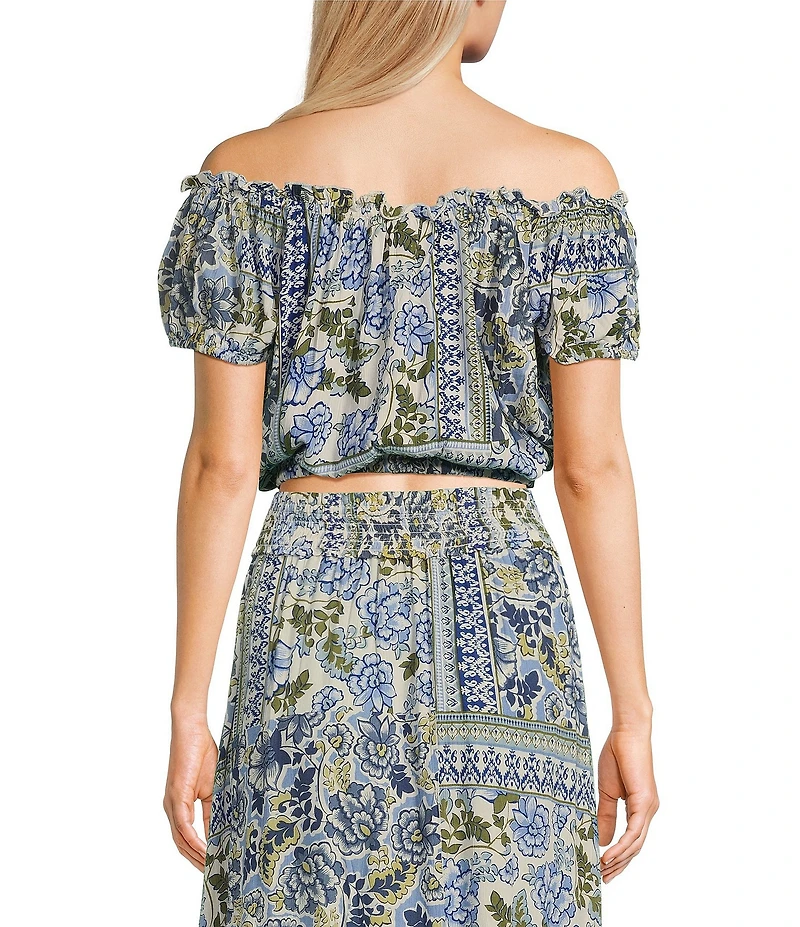 Angie Patch Print Off-The-Shoulder Cap Sleeve Crop Top