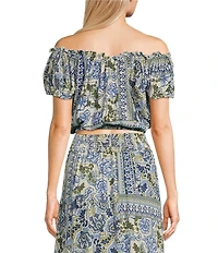 Angie Patch Print Off-The-Shoulder Cap Sleeve Crop Top